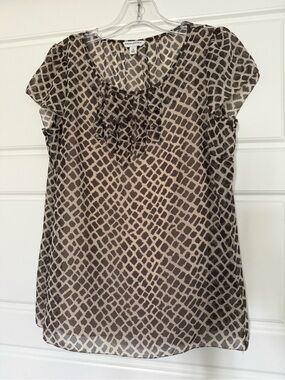 Banana Republic Brown and Cream Geometric Ruffle Blouse